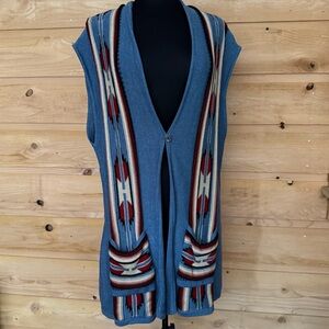 Chaps Blue south western design knit sweater vest button front cardigan